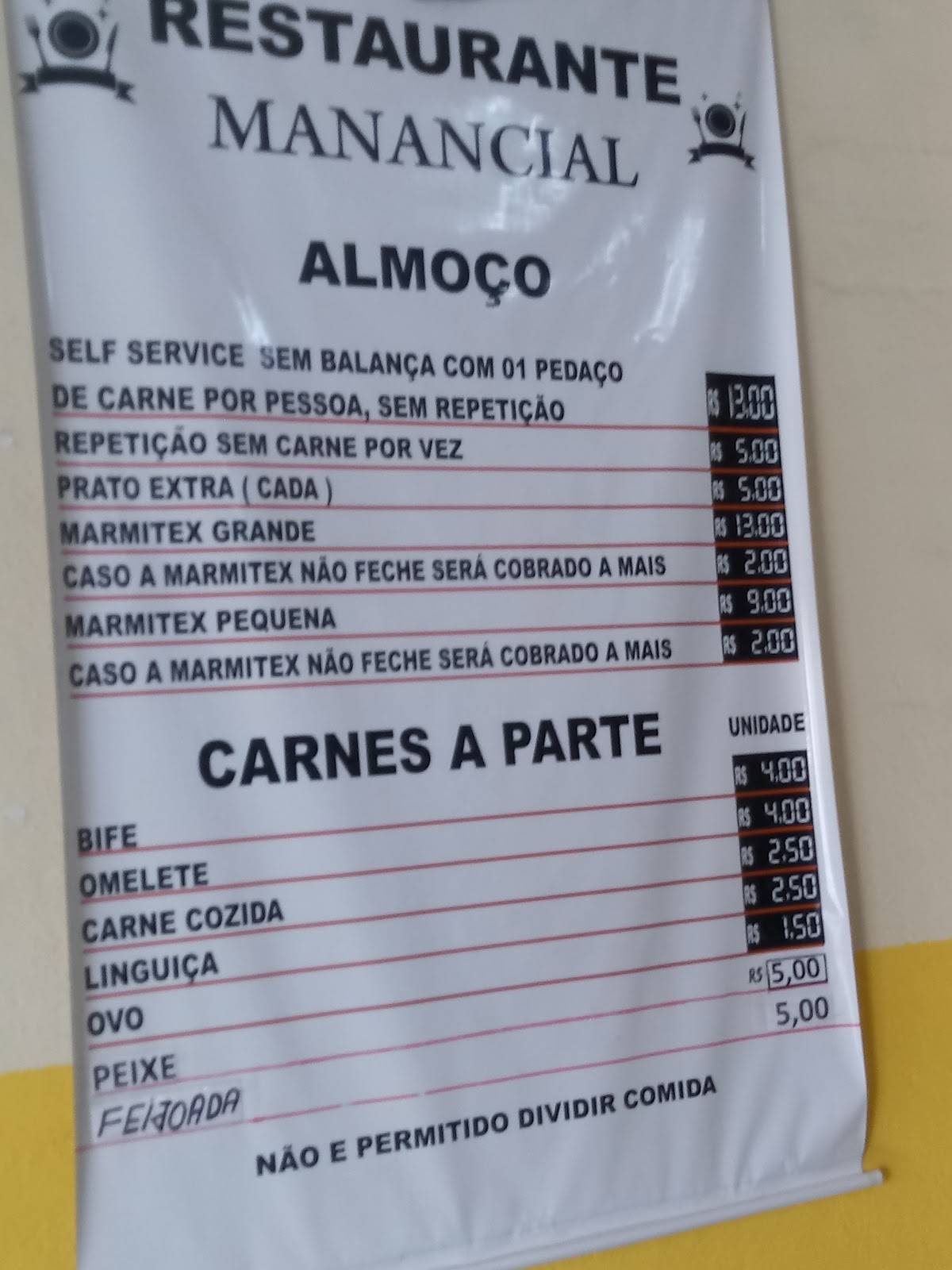 Restaurante Manancial cardápio