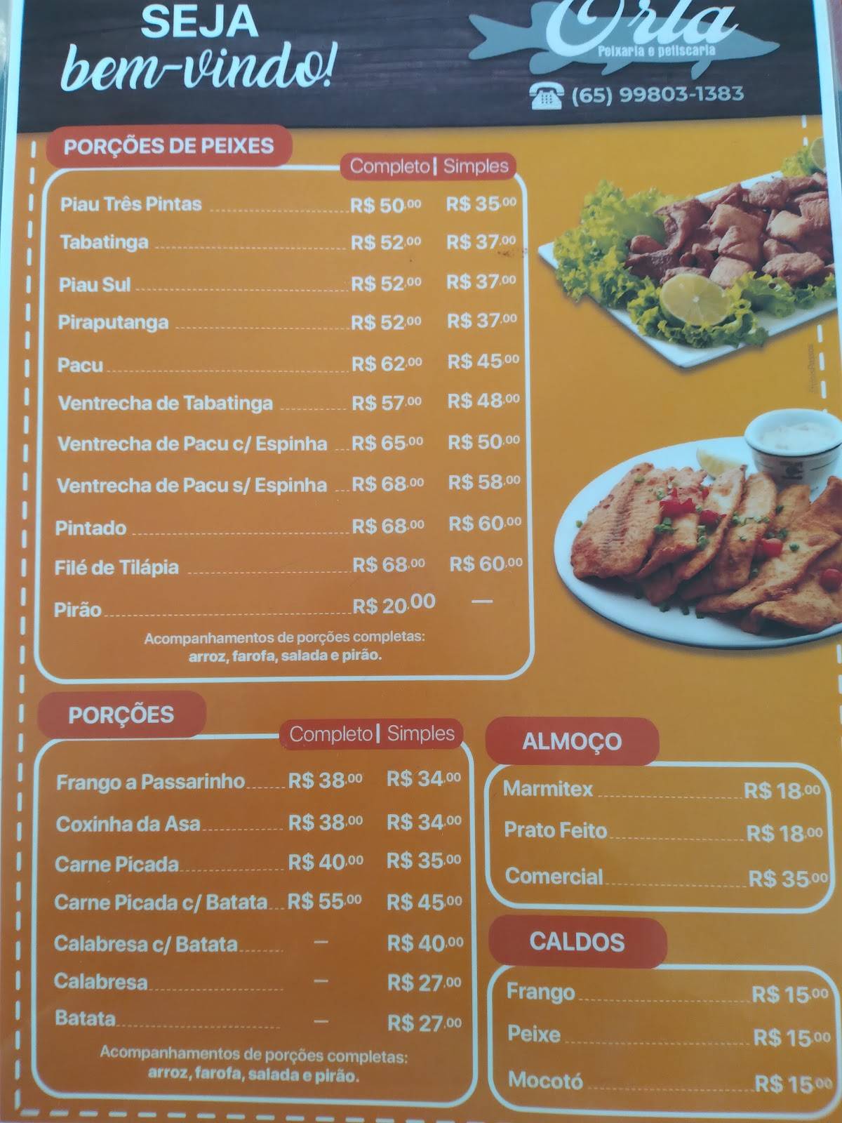 Orla Petiscaria e Peixaria cardápio