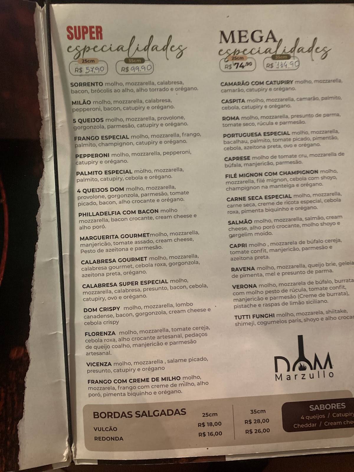 Restaurante Pizzaria Dom Marzullo cardápio