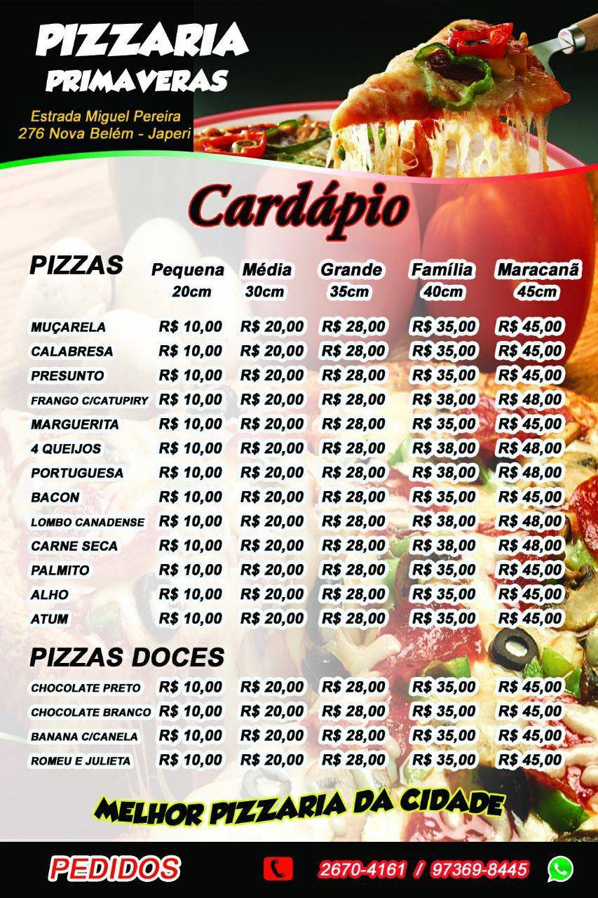 Restaurante e Pizzaria Primaveras cardápio