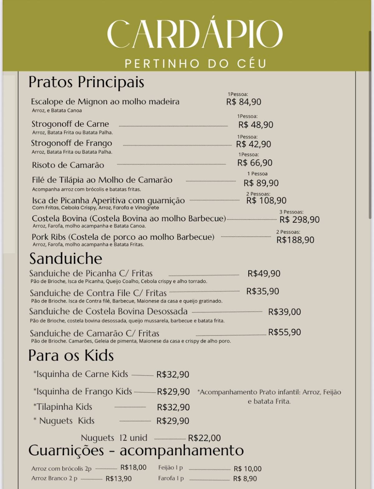 Pertinho do Céu cardápio