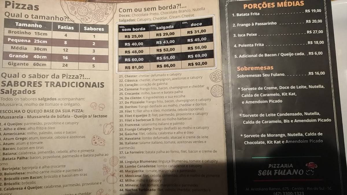 Seu Fulano Fornearia cardápio
