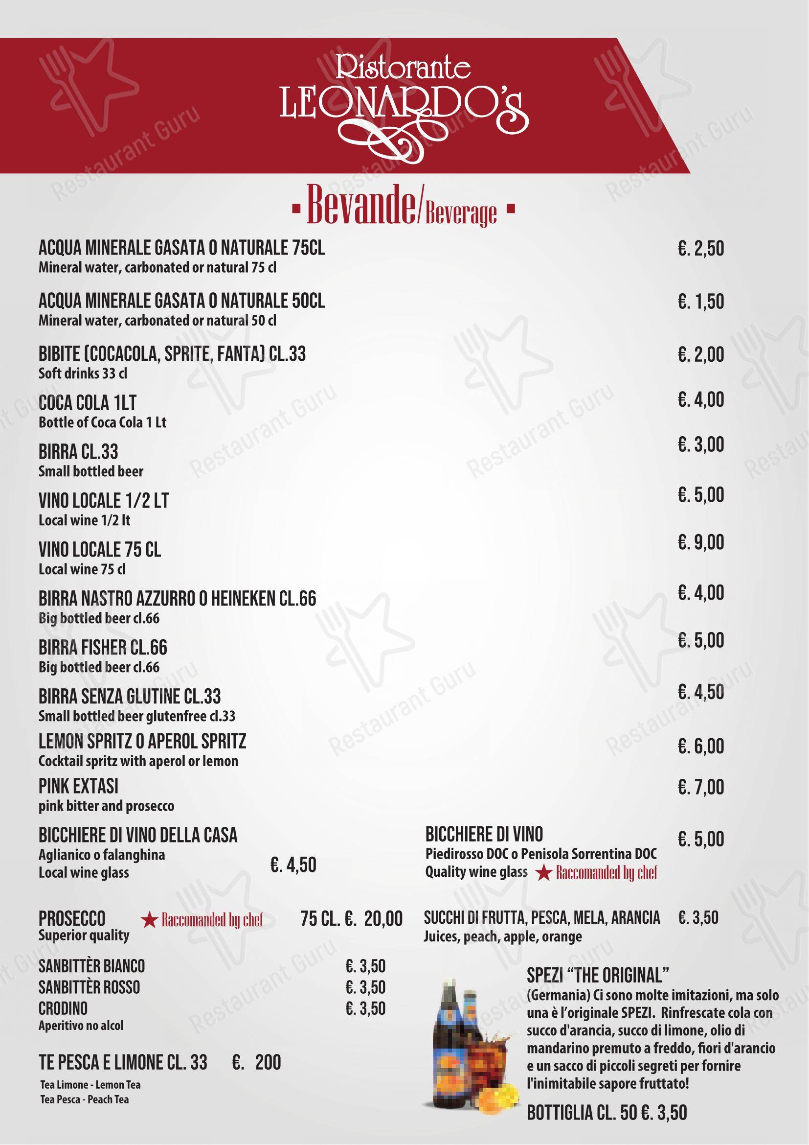 Menu di Ristorante Leonardo's - Menu