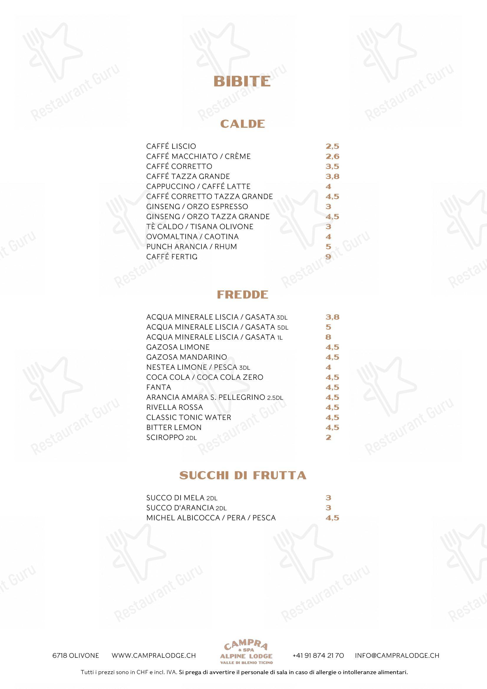 Menu bar per Ristorante Campra Il Ritrovo in Blenio