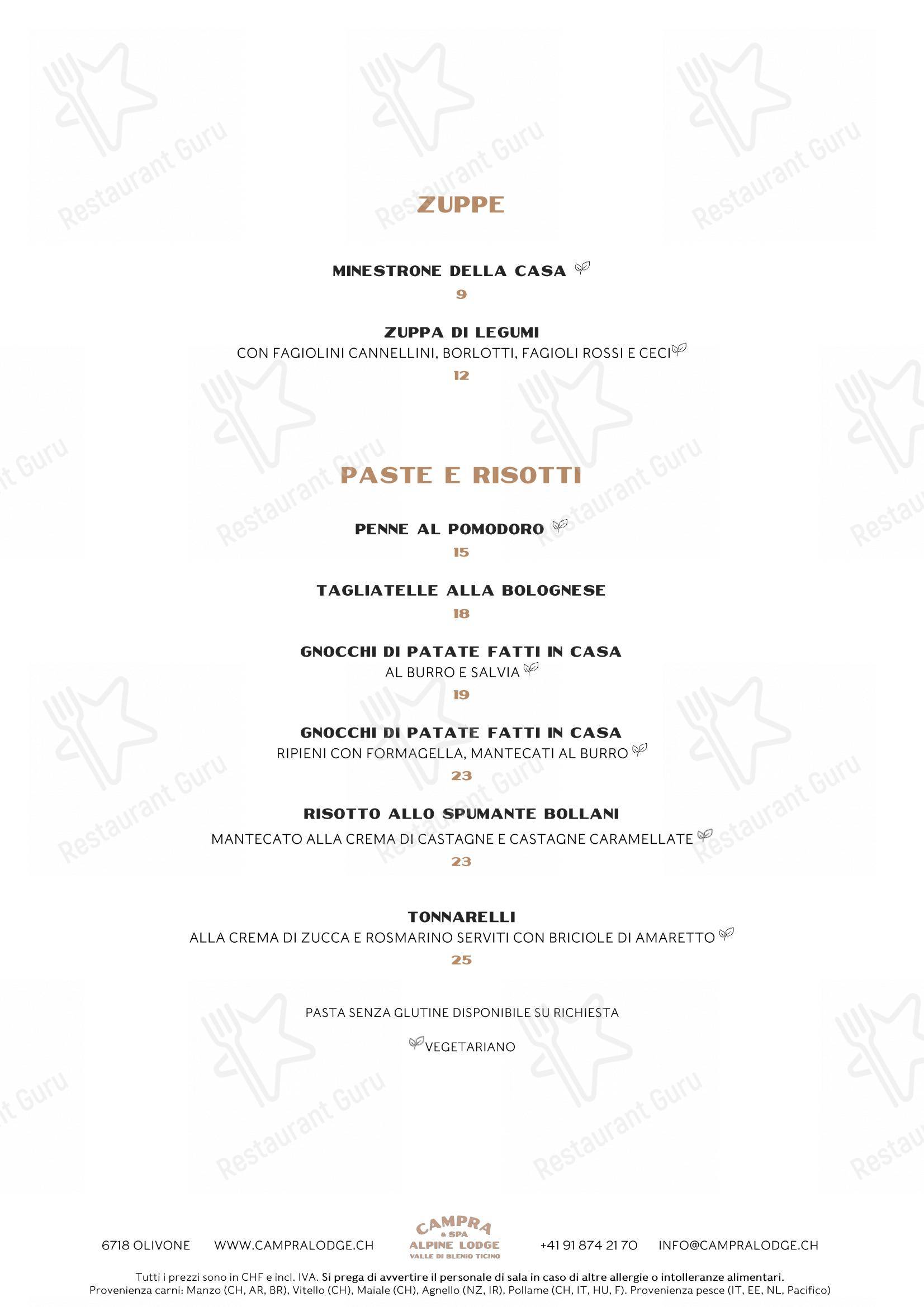 Ristorante Campra Il Ritrovo in Blenio - Menu bar