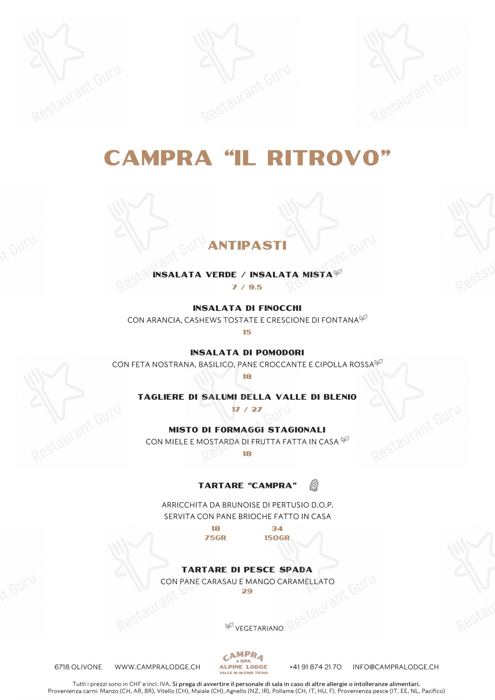 Ristorante Campra Il Ritrovo in Blenio - Основное меню