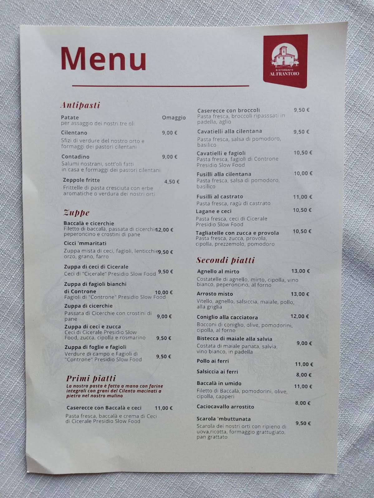 Menu di Ristorante Coop. Nuovo Cilento - Al Frantoio 