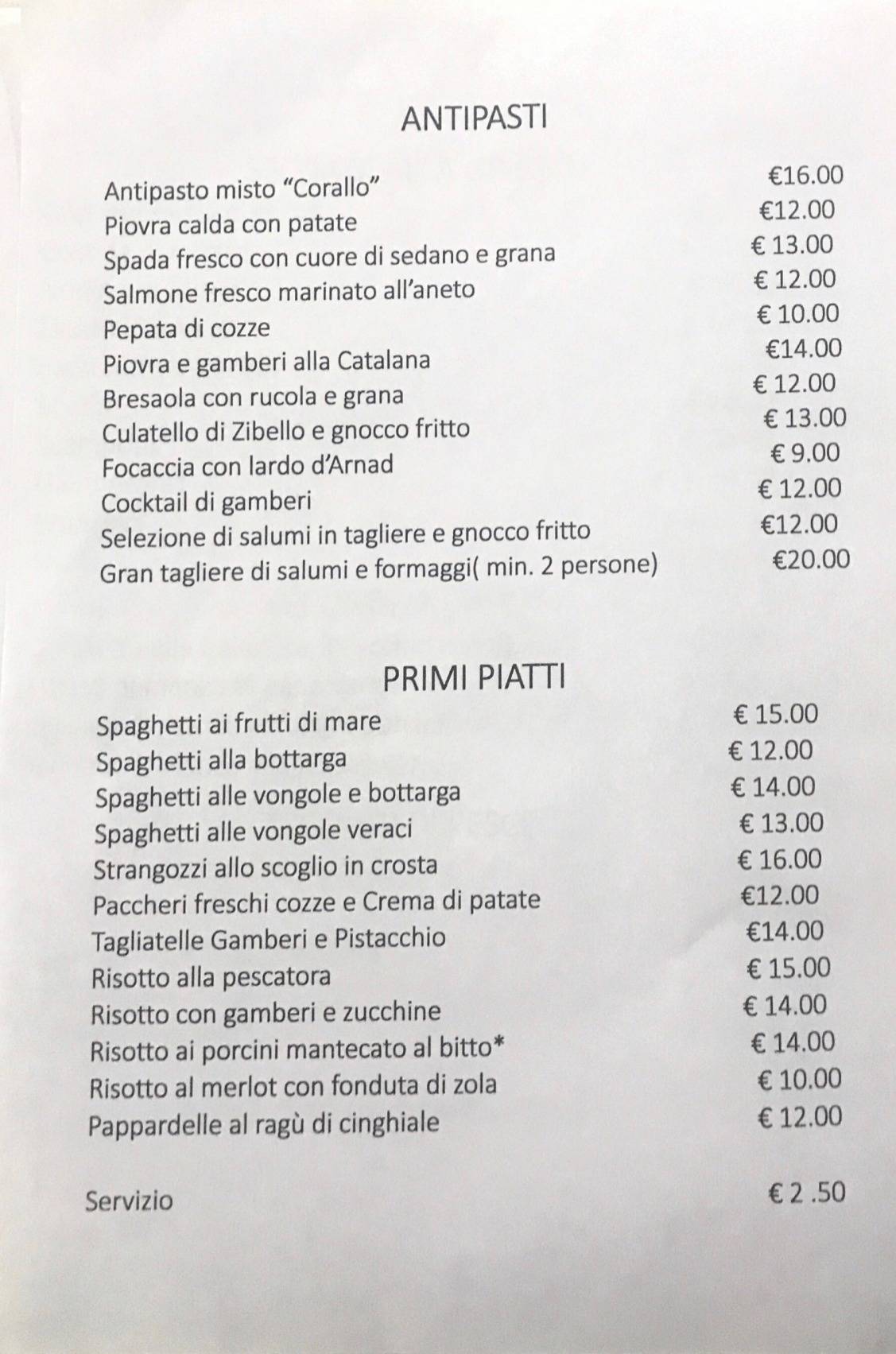 Menu di Ristorante Corallo 