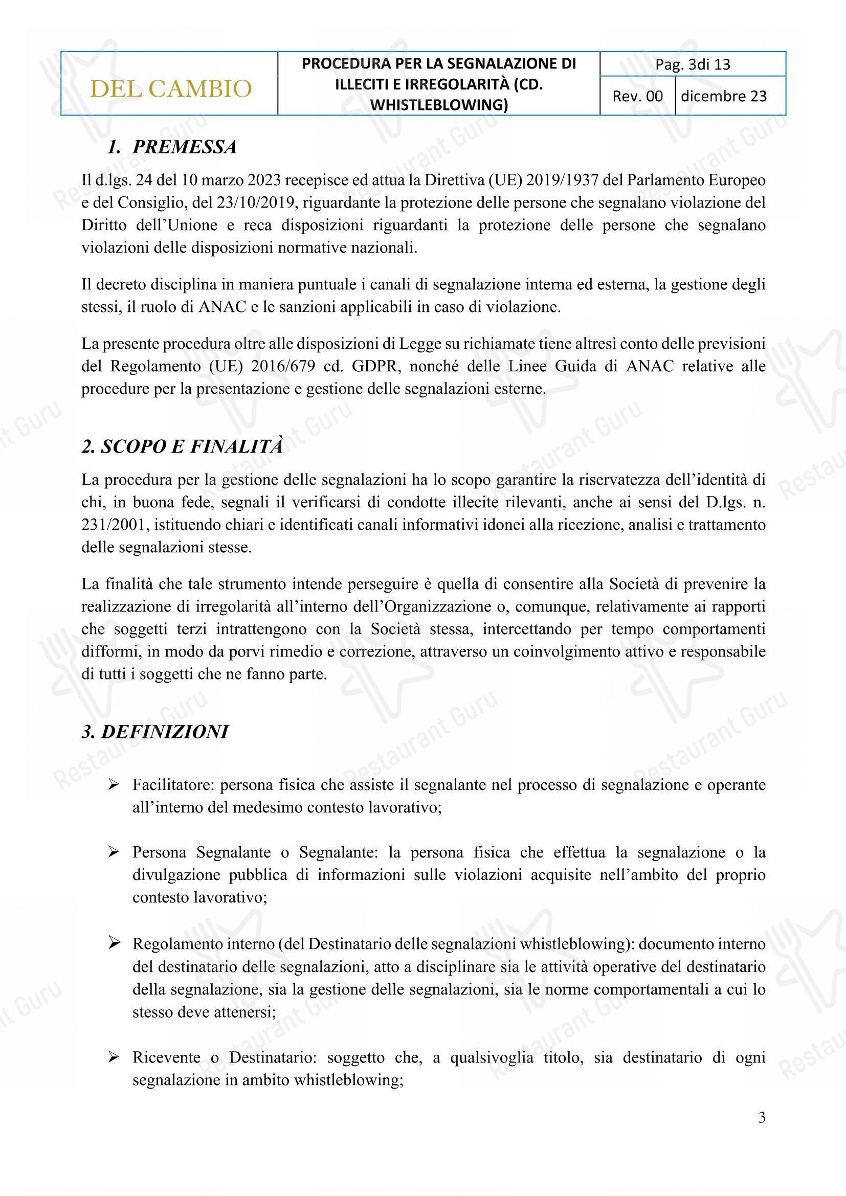 Menu di Ristorante Del Cambio - Menu