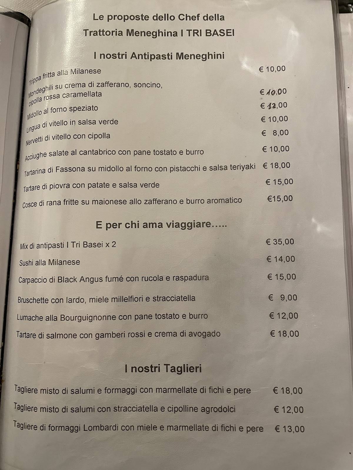 Menu di Ristorante I Tri Basei trattoria meneghina 