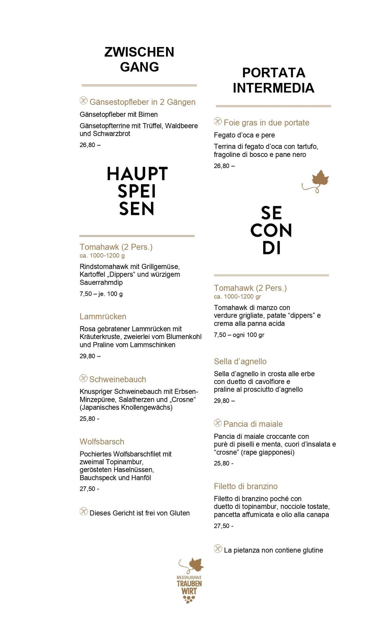 Menu di Ristorante In Die Traube Di Weissensteiner Roman & C. 
