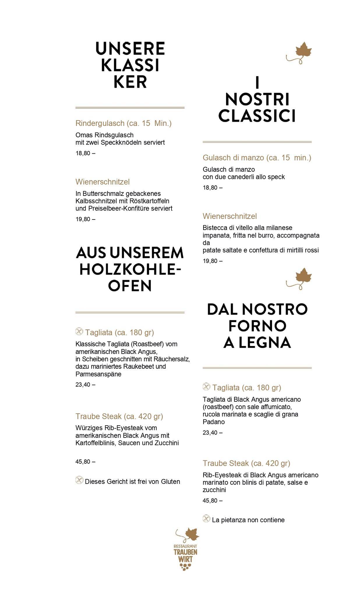 Menu di Ristorante In Die Traube Di Weissensteiner Roman & C. 