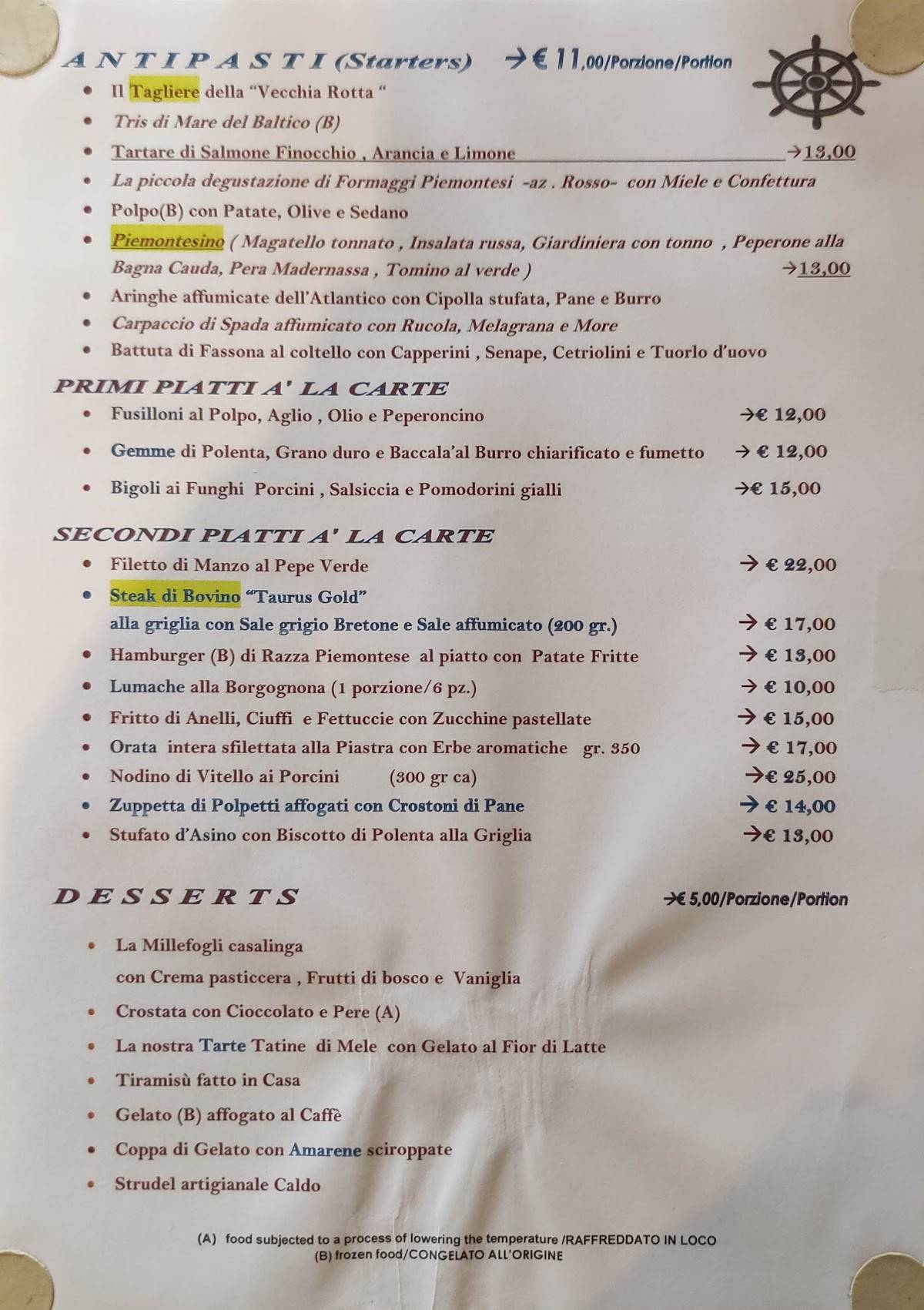 Menu di Ristorante La Rotta 
