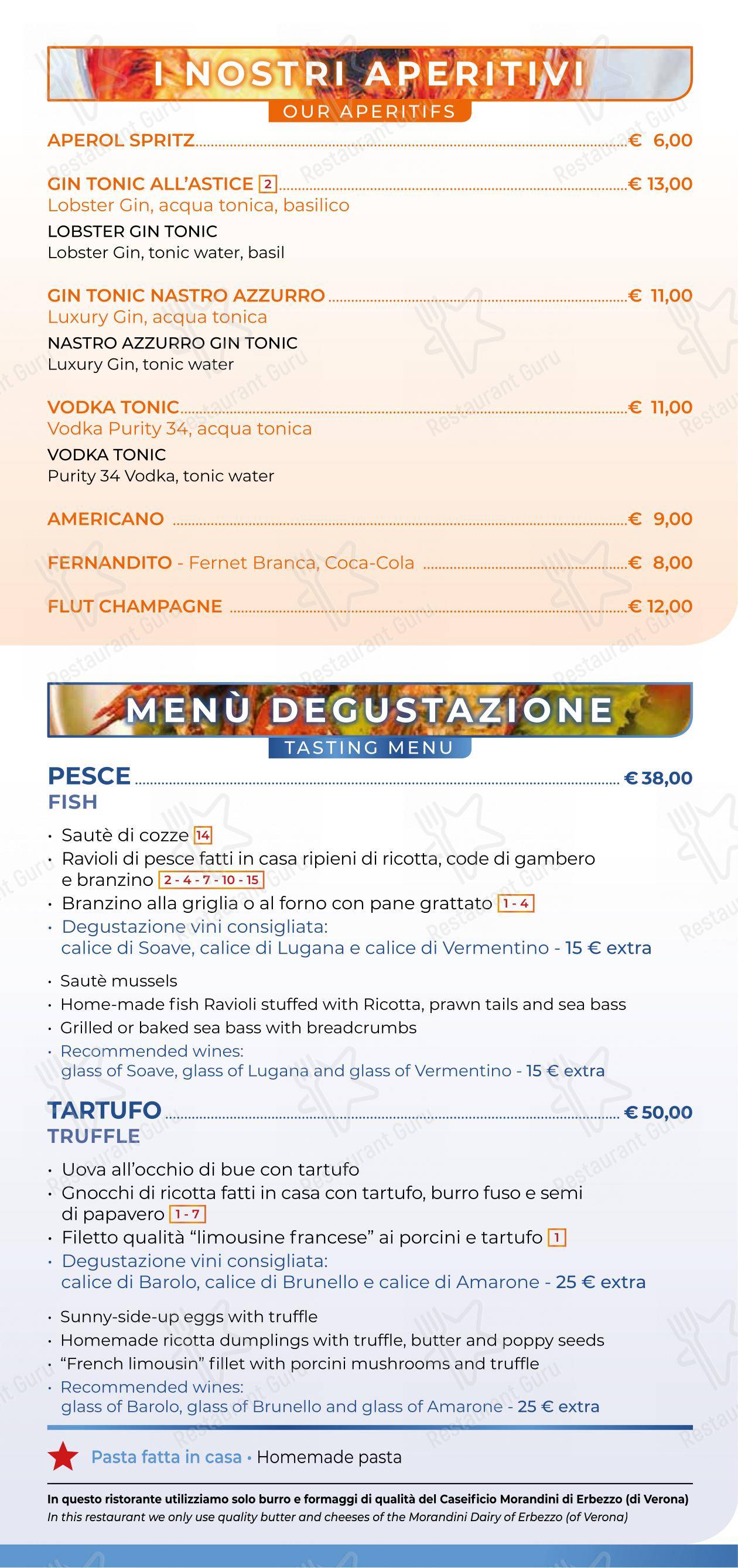 Menu per Ristorante Nastro Azzurro in Verona
