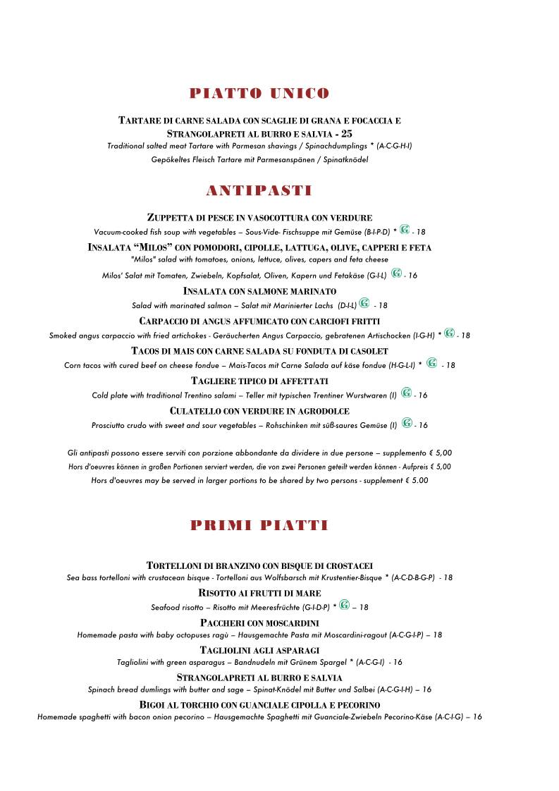 Menu di Il Ristorante Novecento Dell'Hotel Rovereto 