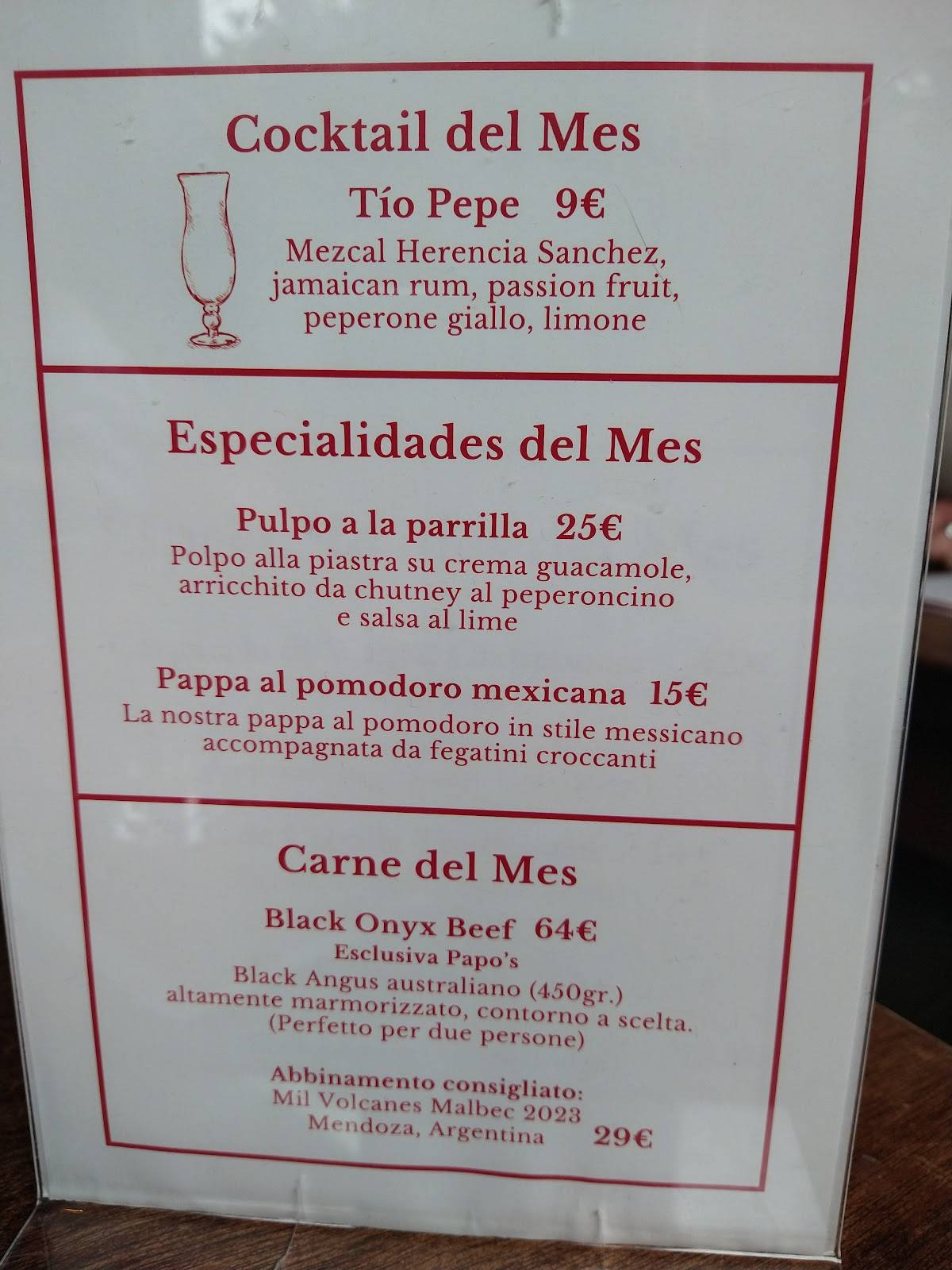 Menu di Ristorante Papo’s 