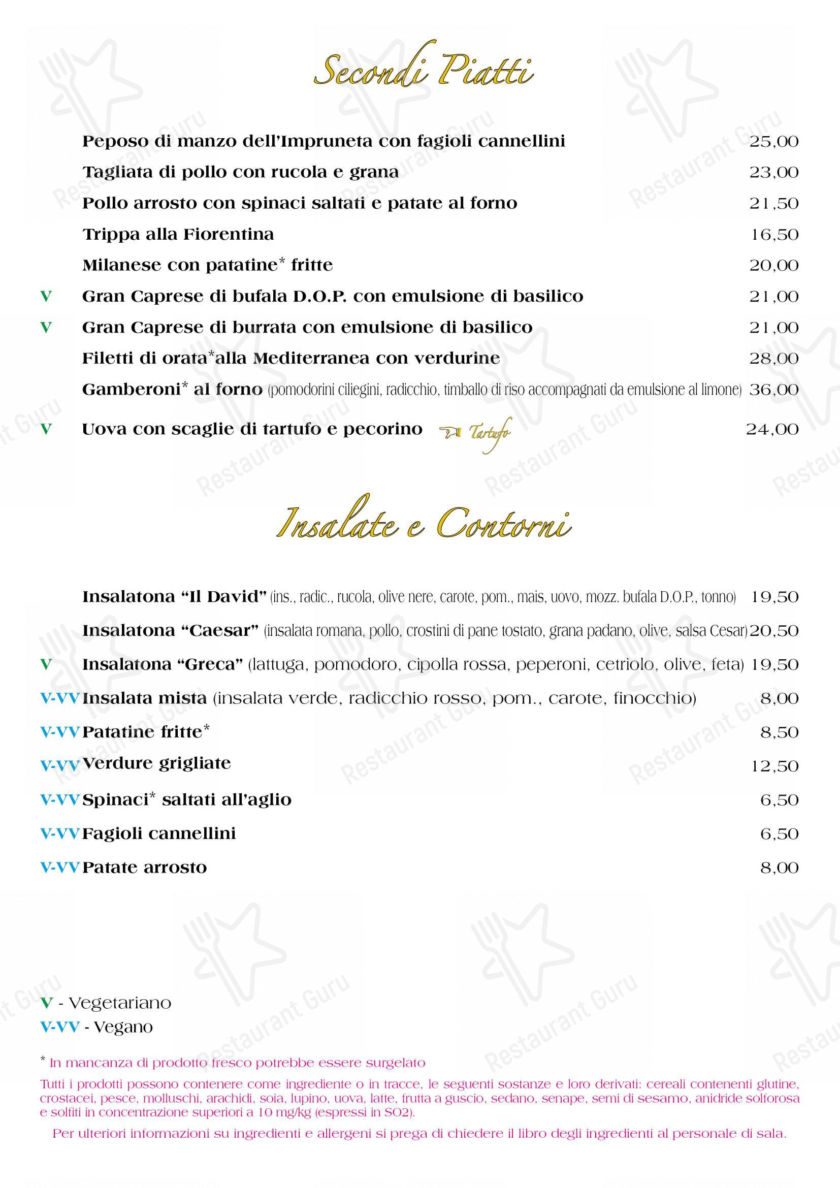 Menu per Ristorante Pizzeria Il David Firenze in Firenze