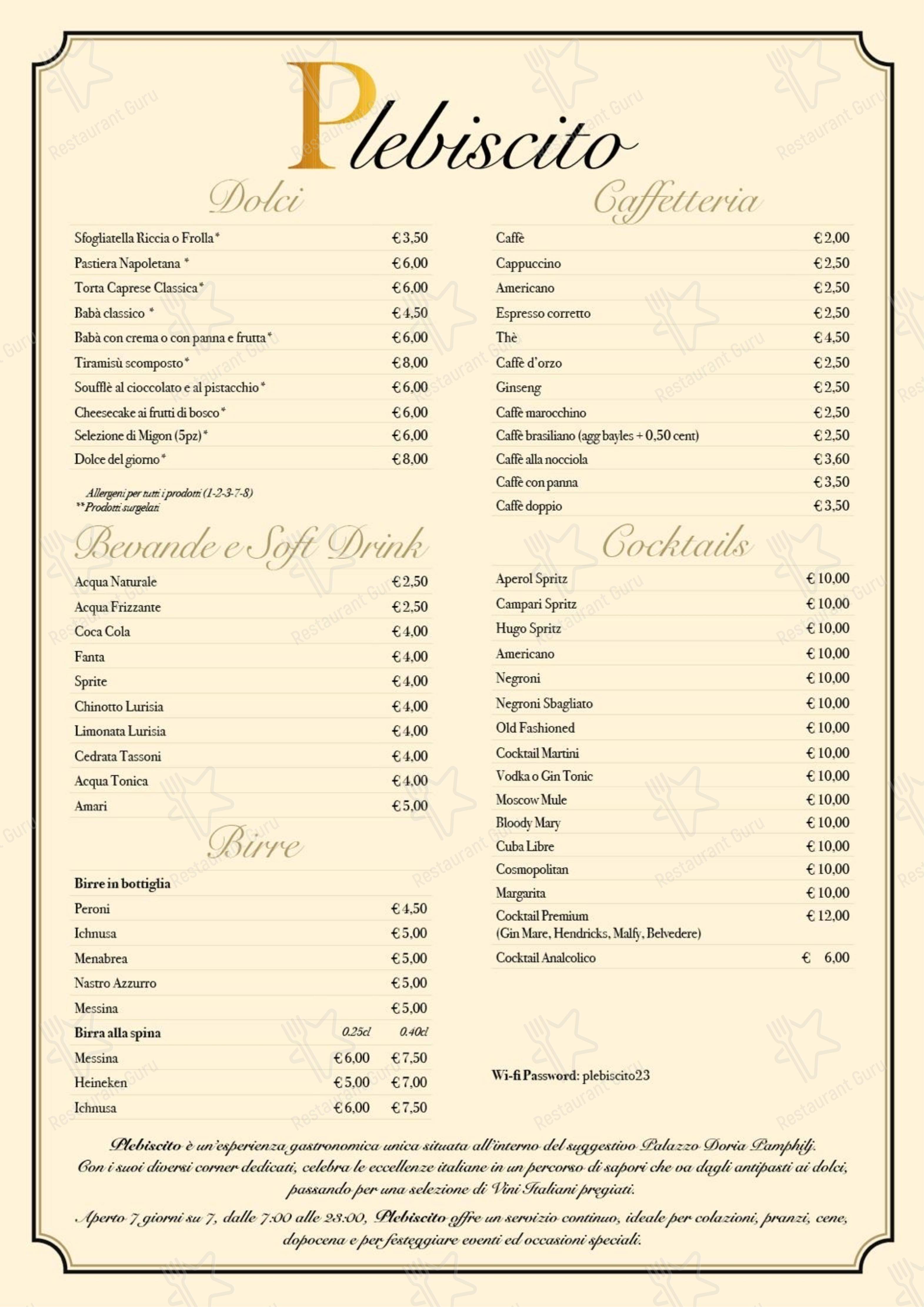 Menu di Ristorante Plebiscito - Основное меню