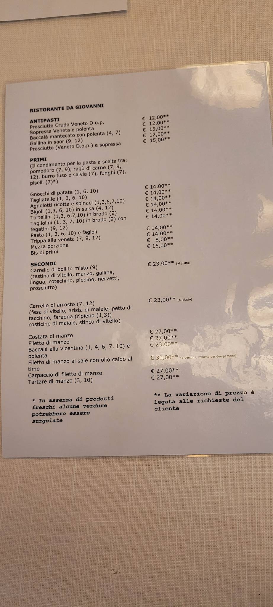 Menu di Ristorante da Giovanni 