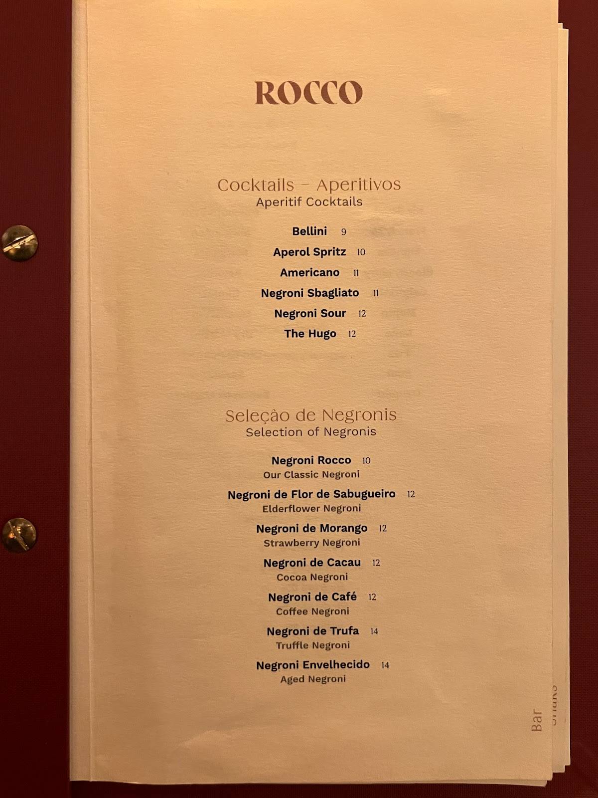 Menu at Rocco restaurant, Lisbon