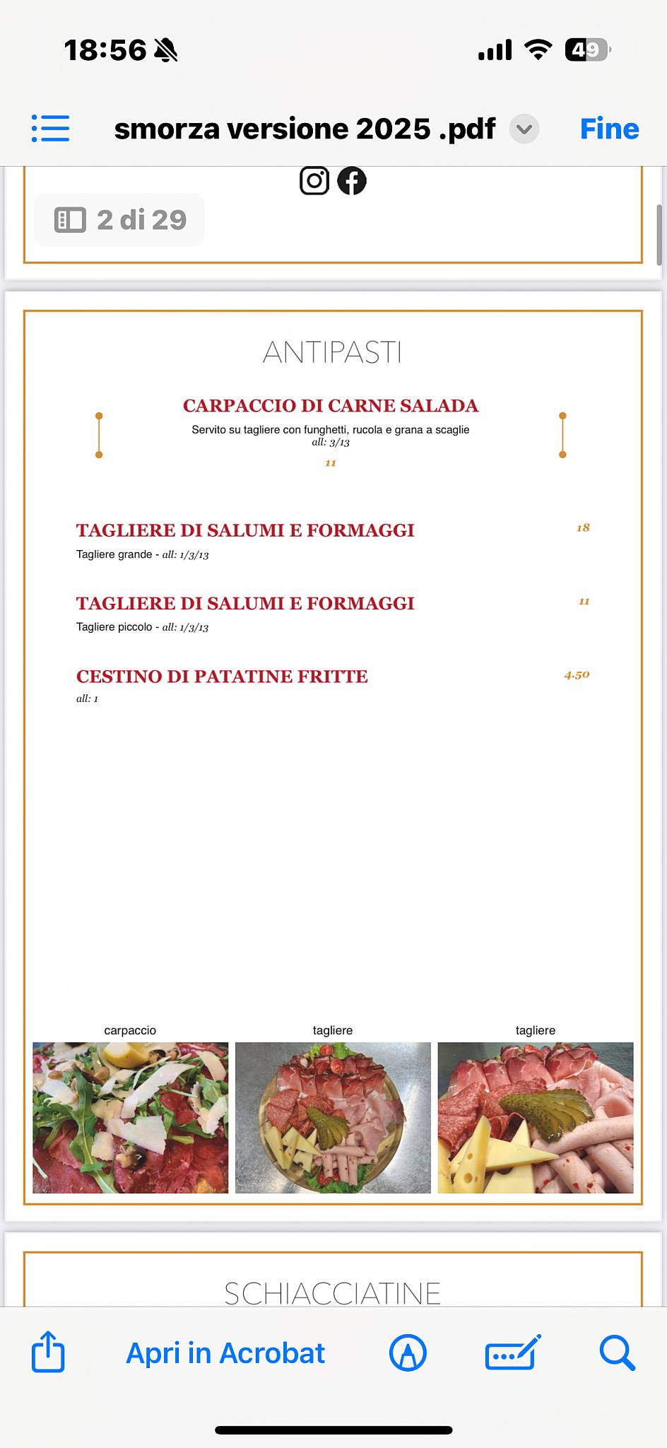 Menu di Smorza Piaceri da tavola dal 1965 