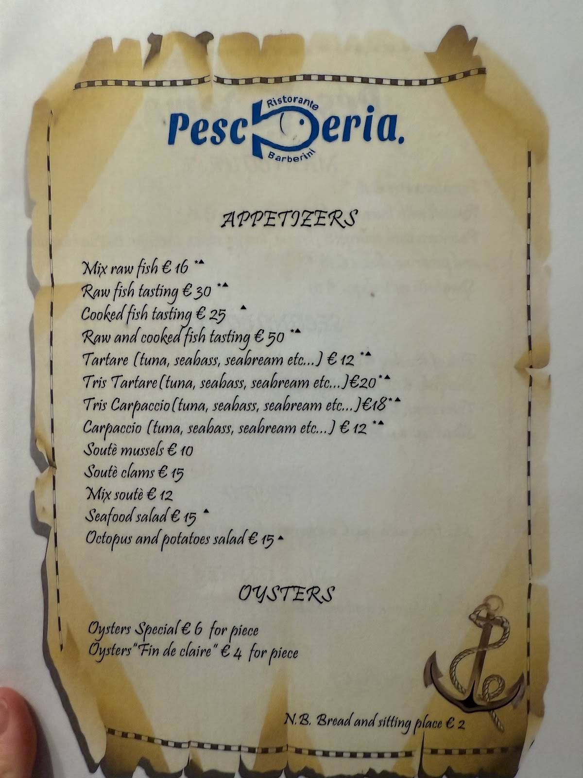 Menu di La Pesceria Barberini 