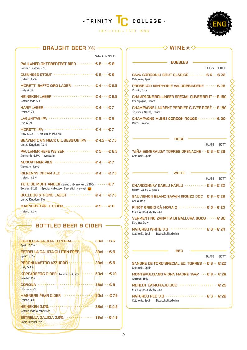 Menu di Trinity College Pub 