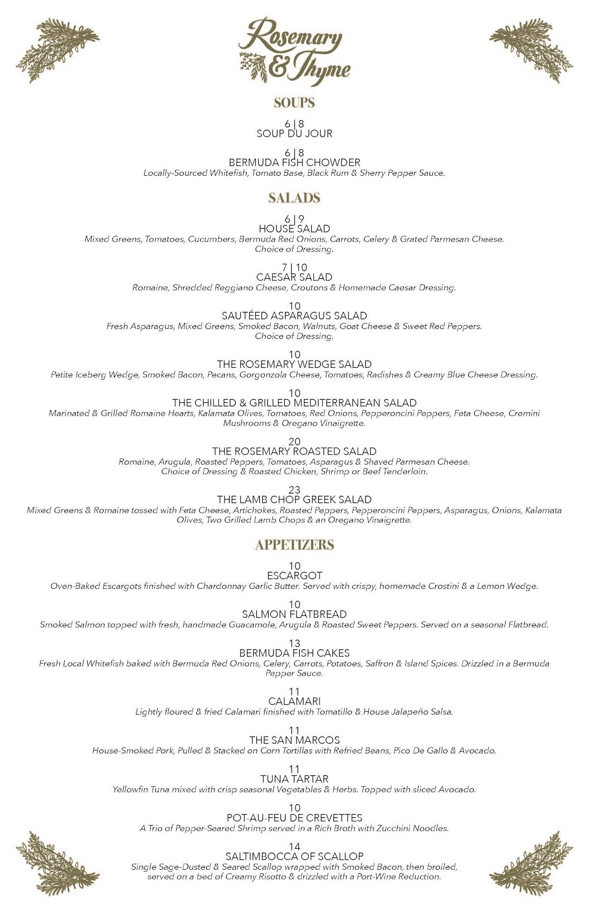 Menu at Rosemary And Thyme restaurant, Sarasota