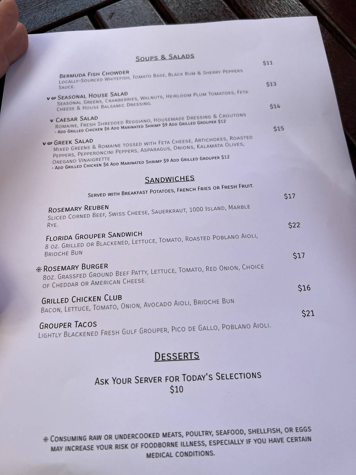 Menu at Rosemary And Thyme restaurant, Sarasota