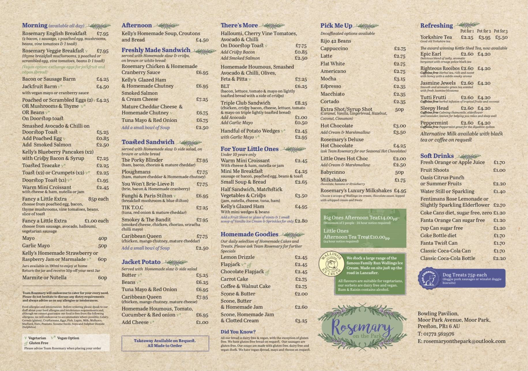 Menu at Rosemary on the Park cafe, Preston
