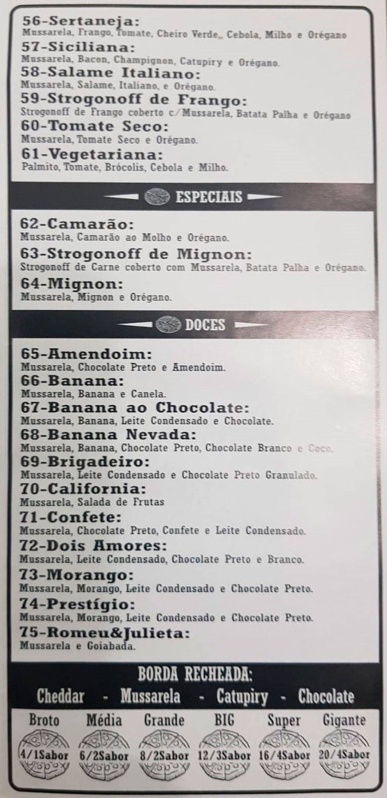 Rota da Pizza Fazenda cardápio