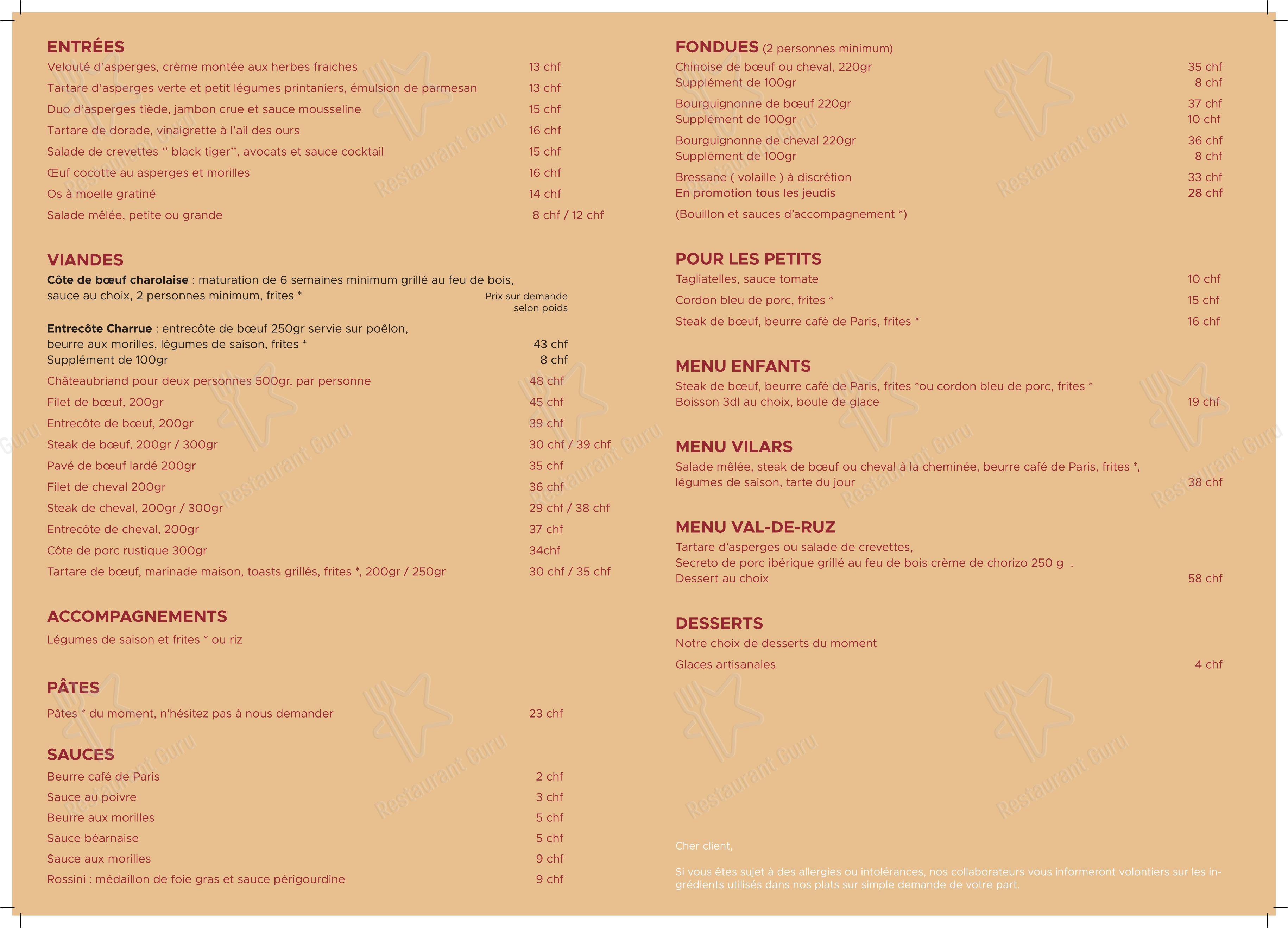 Menu per Rôtisserie-Restaurant La Charrue in Fenin-Vilars-Saules