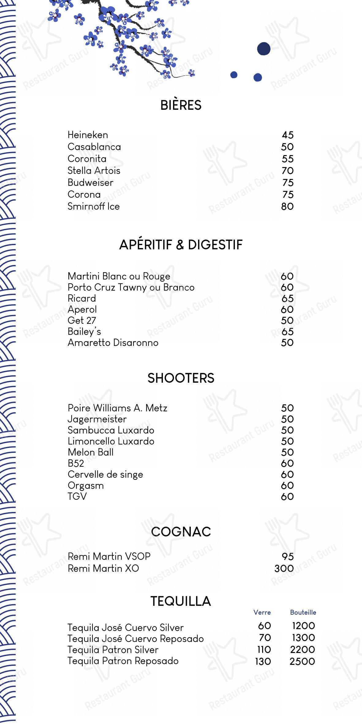 Menu bar pour Shoko Lounge dans Rabat