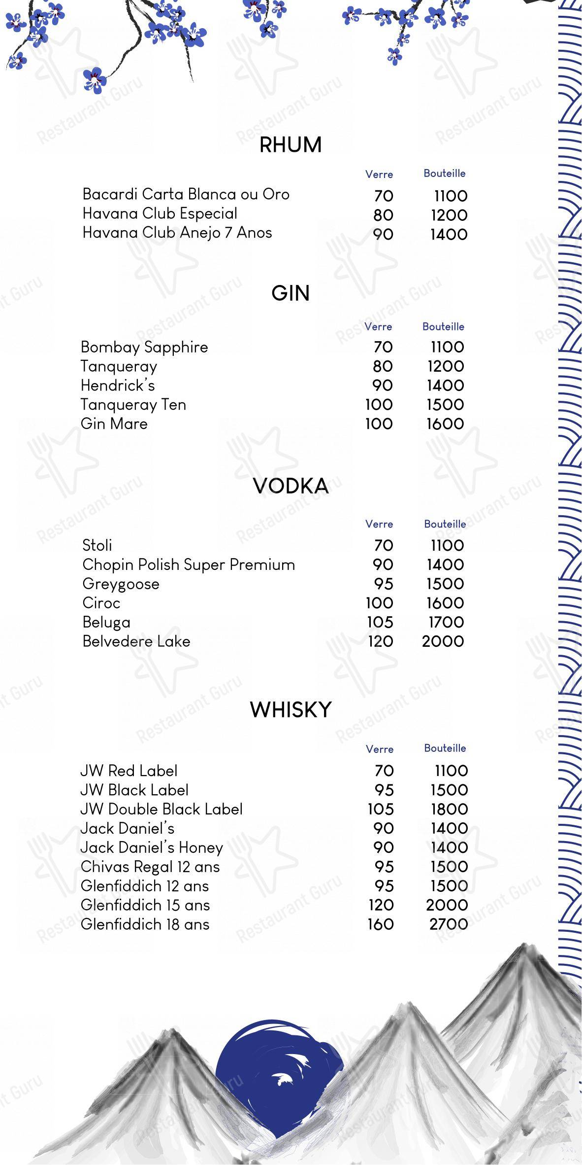 Menu pour Shoko Lounge - Menu bar