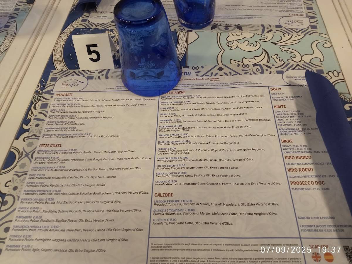 Menu di SOFIA PIZZA NAPOLETANA 