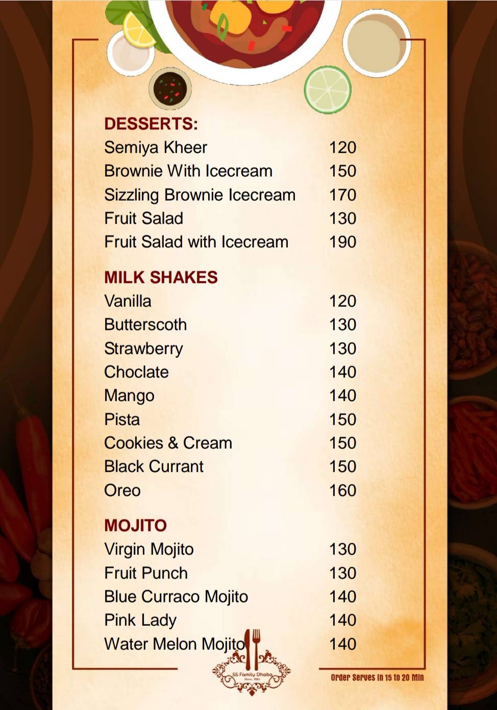 SS FAMILY DHABA menu