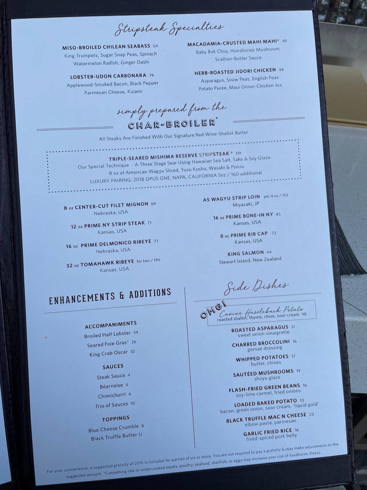 Menu at StripSteak by Michael Mina restaurant, Honolulu