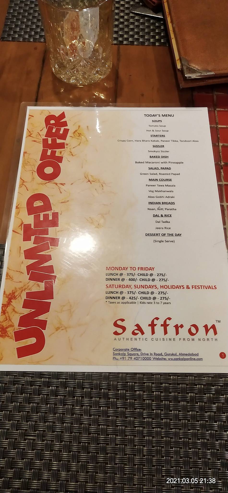Menu at Saffron Restaurant, Ahmedabad, 1st Floor