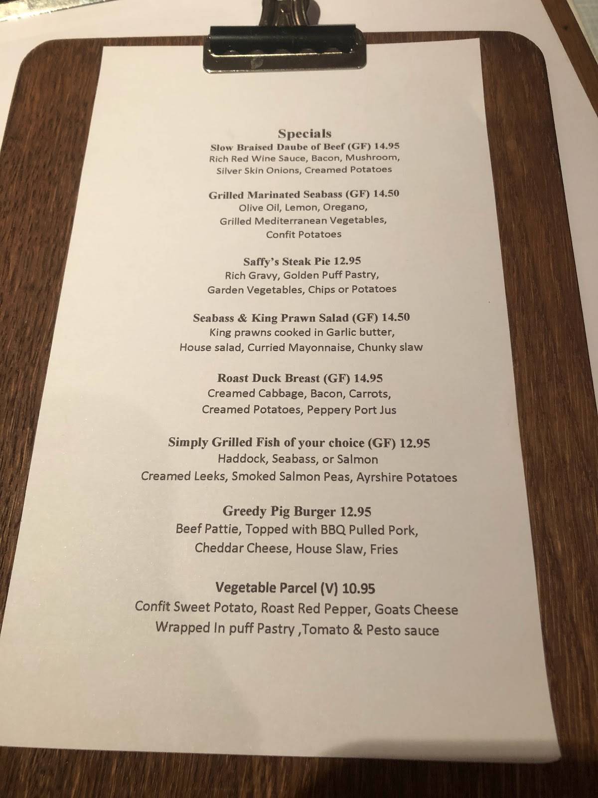 Menu at Saffy's Bistro restaurant, Ayr