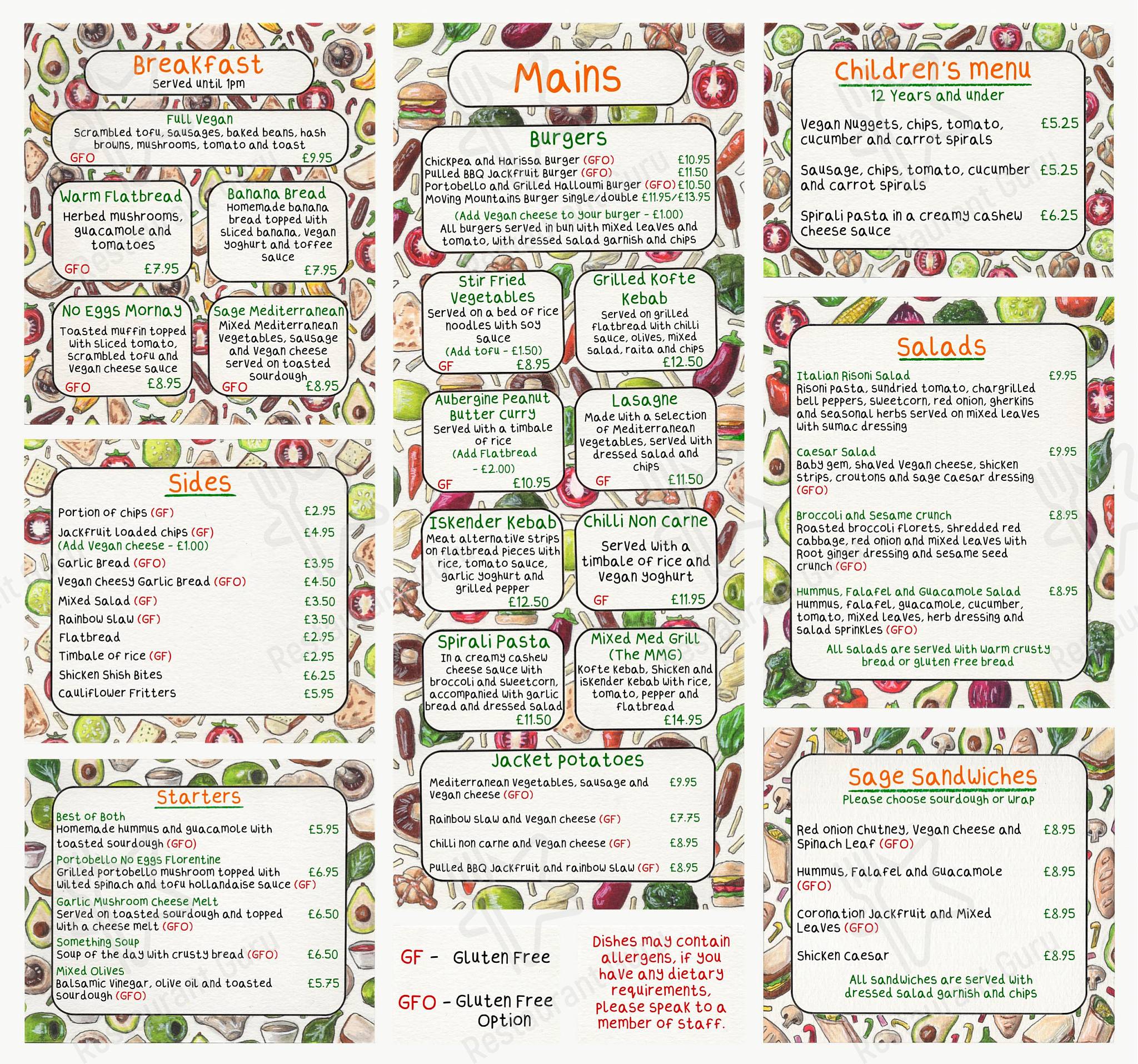Menu at Sage vegan cafe, Crawley