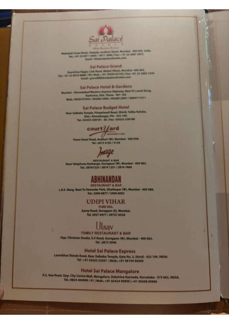 Sai Palace Hotel & Gardens menu
