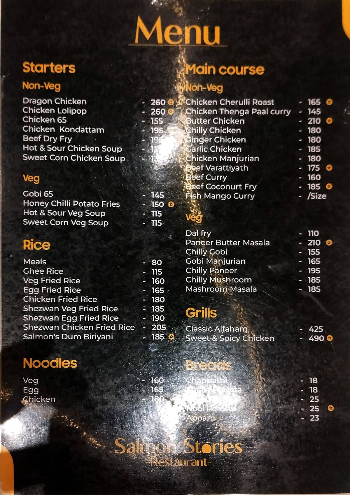 Menu at Salmon Stories, Ashtamichira