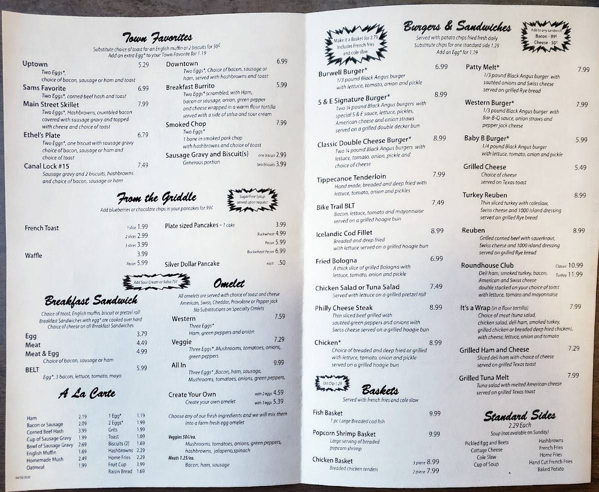 Menu at Sam and Ethel's restaurant, Tipp City