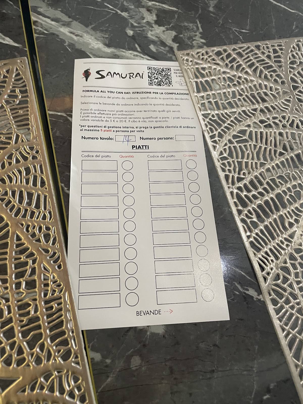 Menu di Samurai Statuto Sushi a Torino 