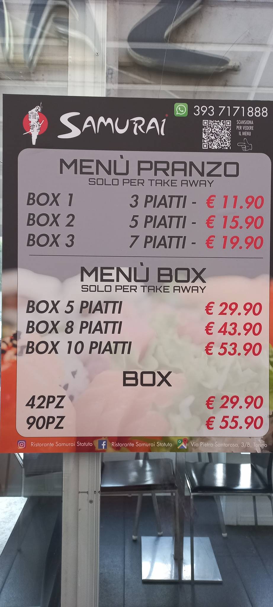 Menu di Samurai Statuto Sushi a Torino 