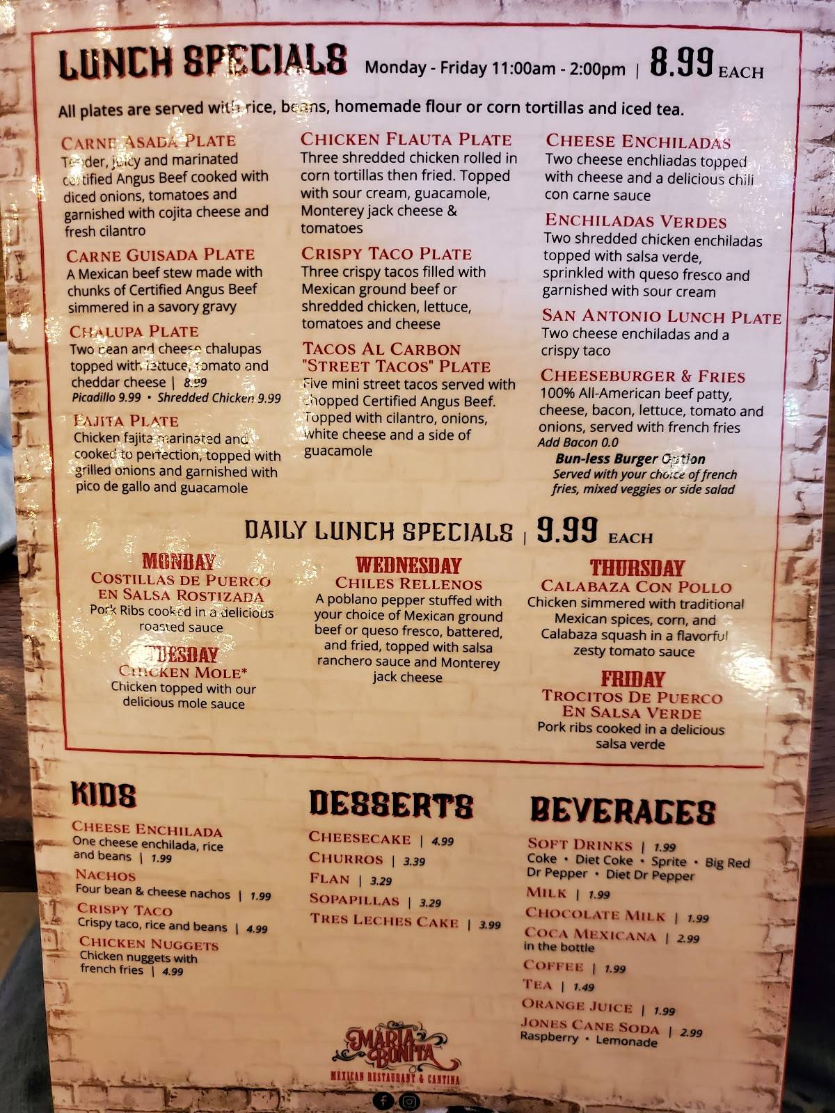 Menu at Maria Bonita Restaurant, San Antonio, 350 Northaven Dr
