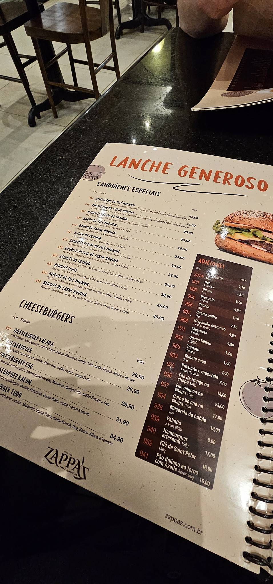 Zappa's Pães e Tentações - Bady cardápio
