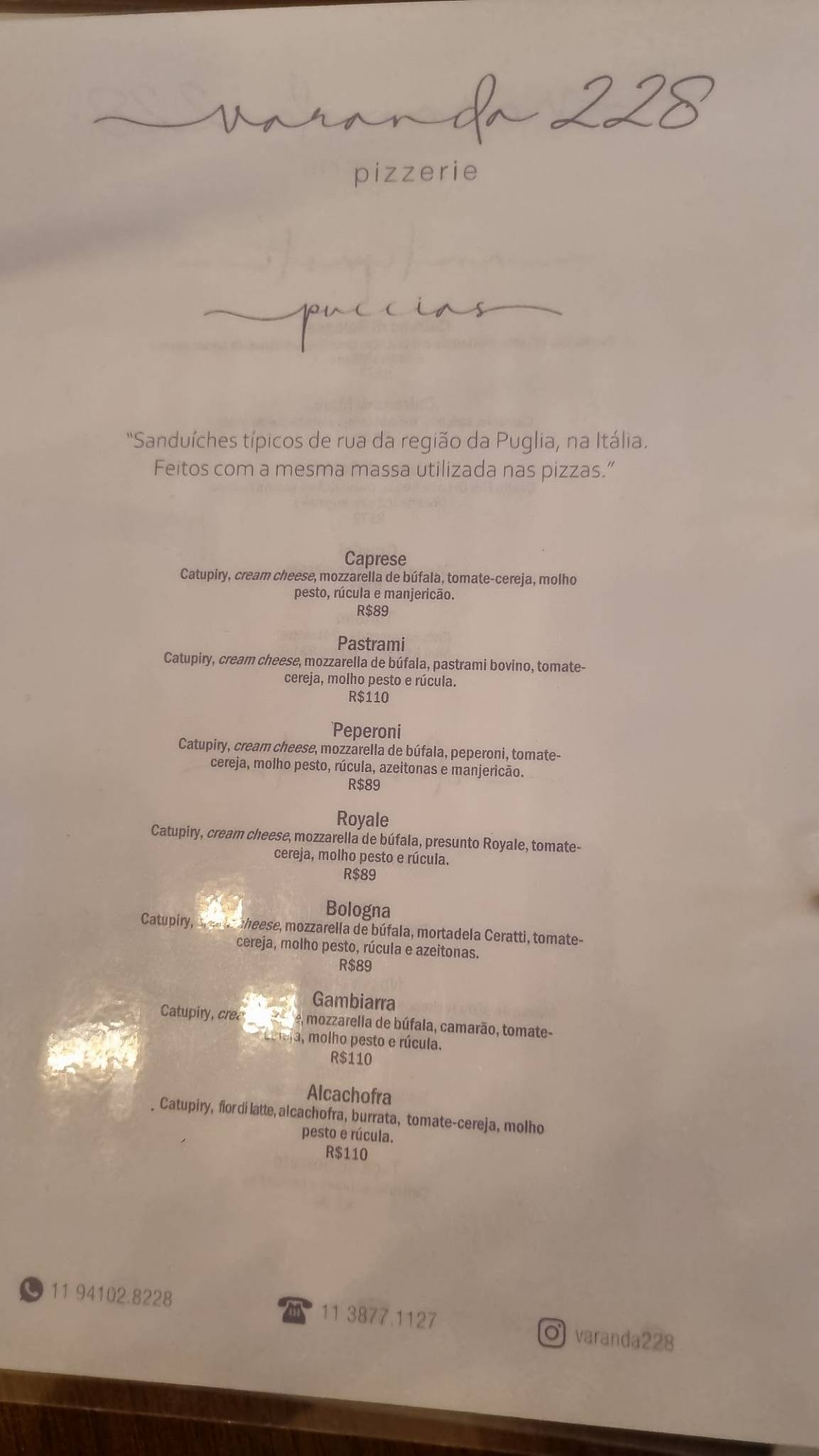 Varanda 228 Pizzeria cardápio