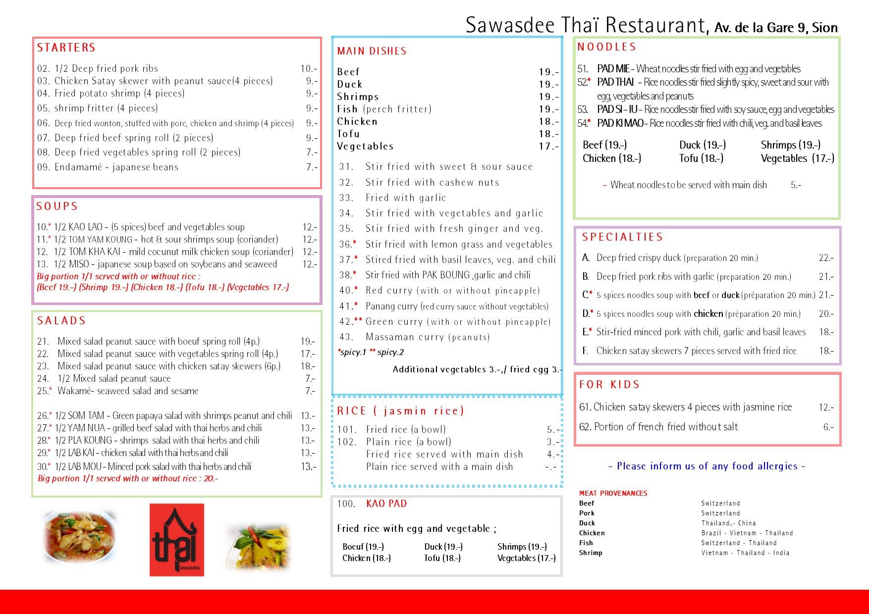 Speisekarte von Sawasdee Thai à Sion Restaurant et Take Away Sitten