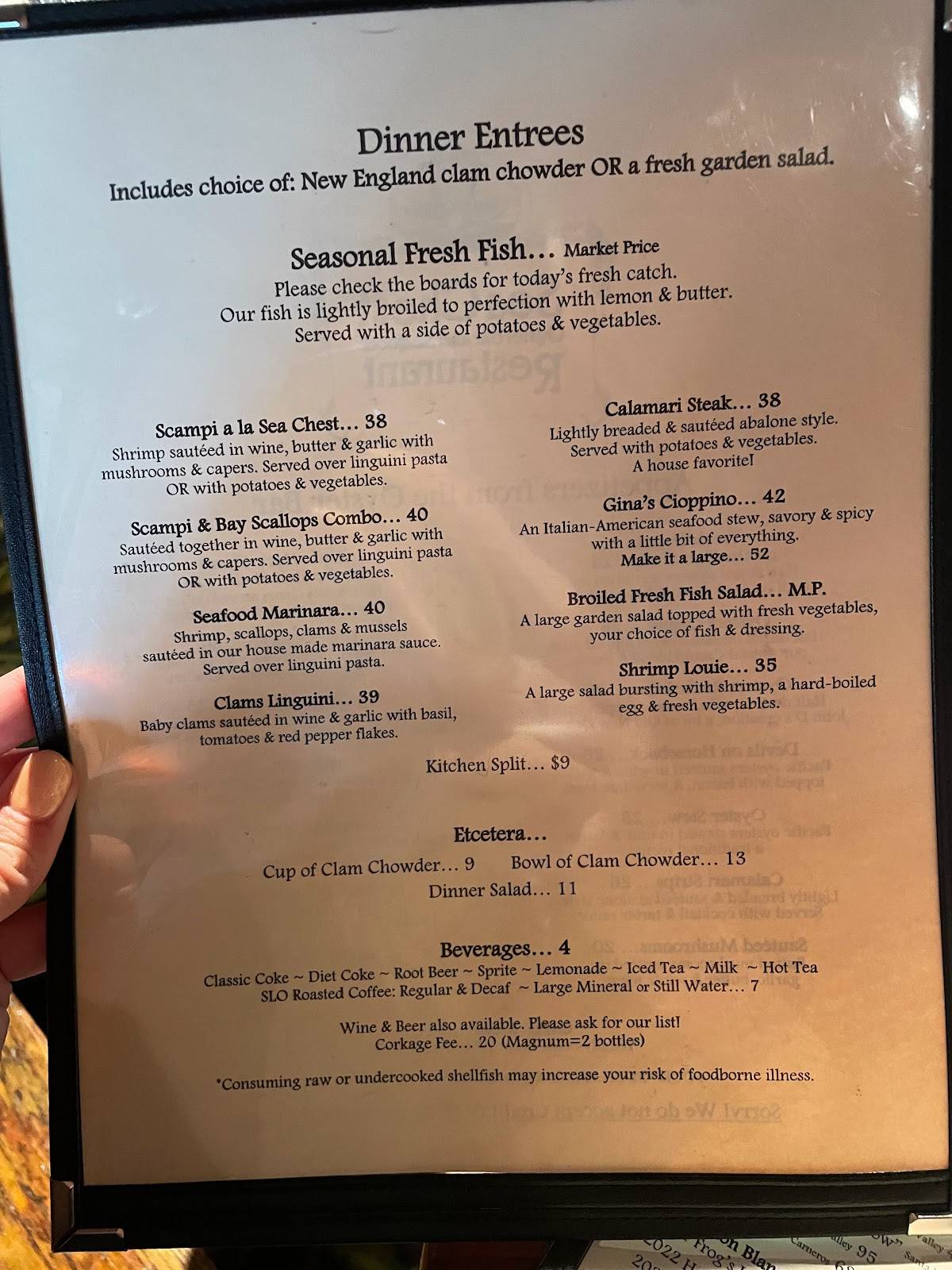 Menu at Sea Chest Oyster Bar, Cambria